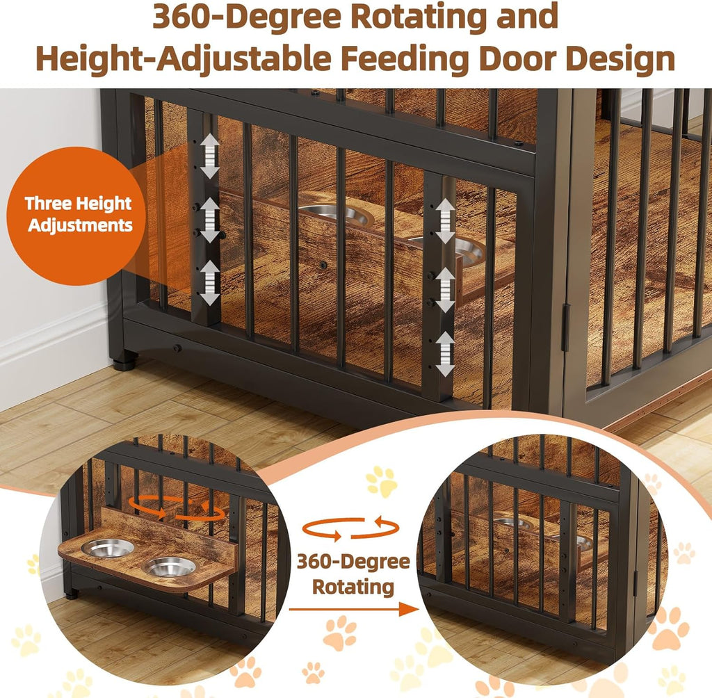 Furniture Style Dog Crate with Storage, 48 Inch Dog Crate Furniture with Double Doors, 2 Stainless Steel Bowls, Dog Crate Furniture-Style Crate for Large/Medium Dog