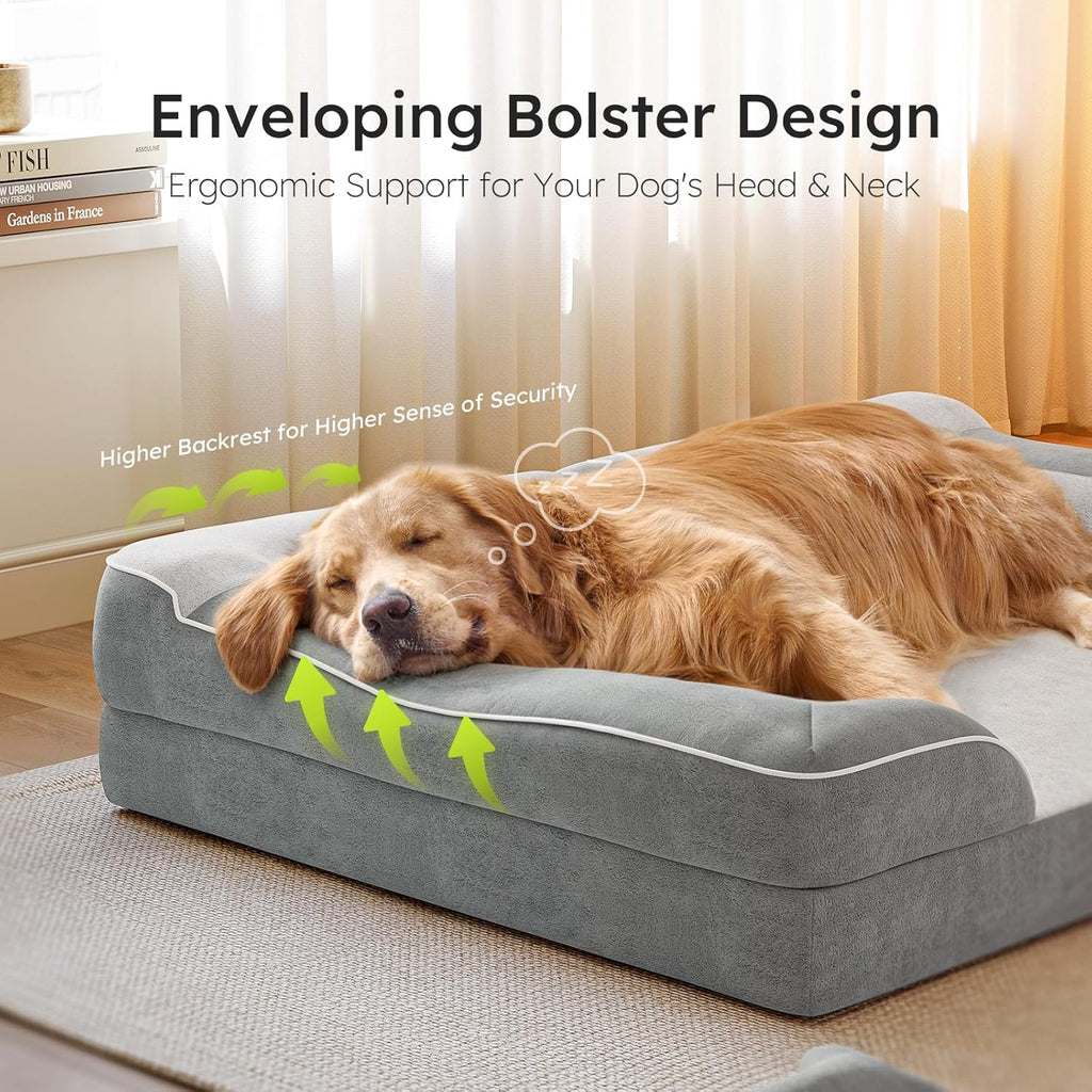 Dog Beds for Large Dogs, Orthopedic Dog Bed with Cooling Gel Memory Foam, Waterproof Large Pet Bed with Removable Washable Cover, 36" Pet Sofa Couch Dutch Velvet with Bone Toy, Light Gray