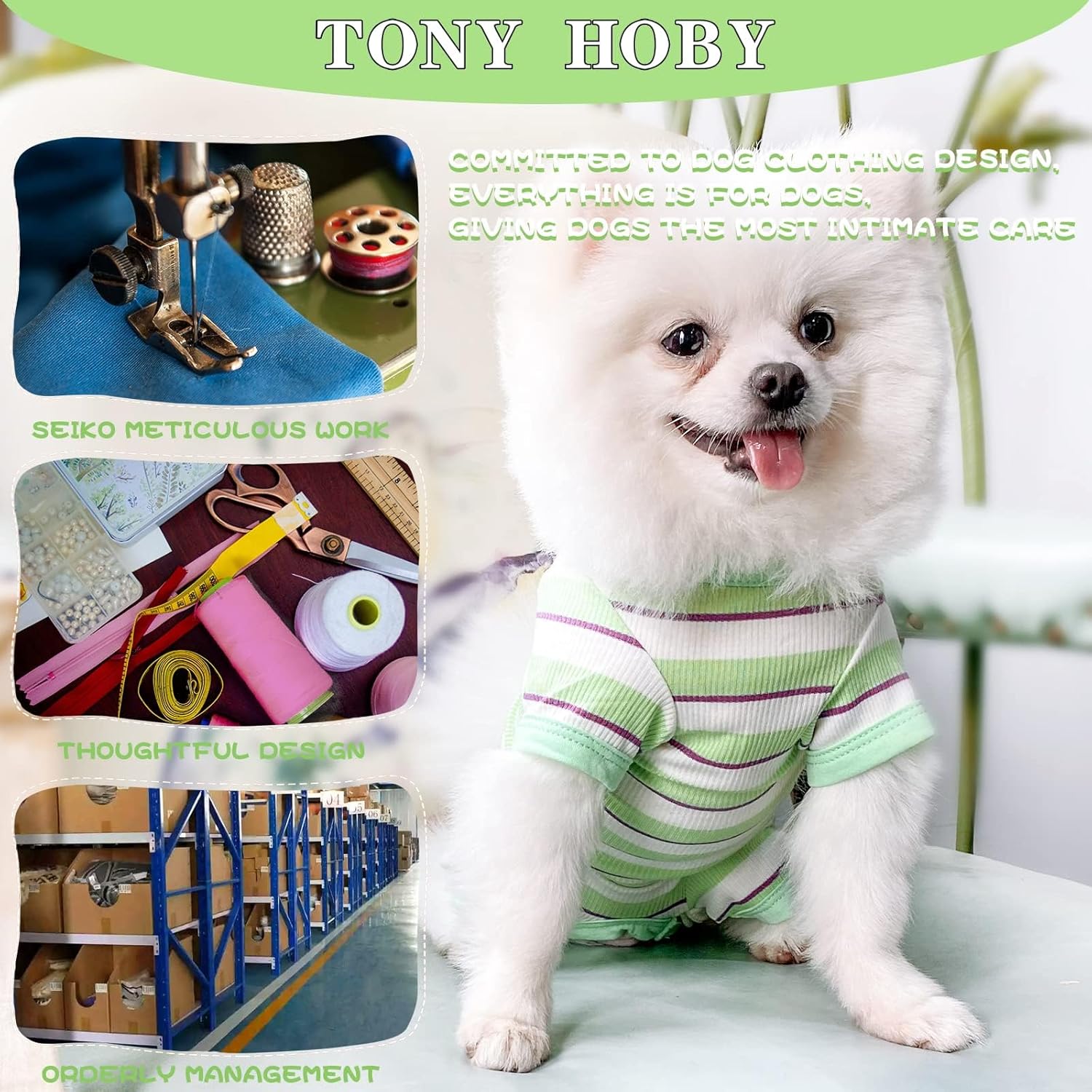 TONY HOBY Dog Pajamas, Male Dog Jumpsuit with Green Stripe, Dogs Clothes for Small Medium Size Dogs (Green&White, Boy, XS)