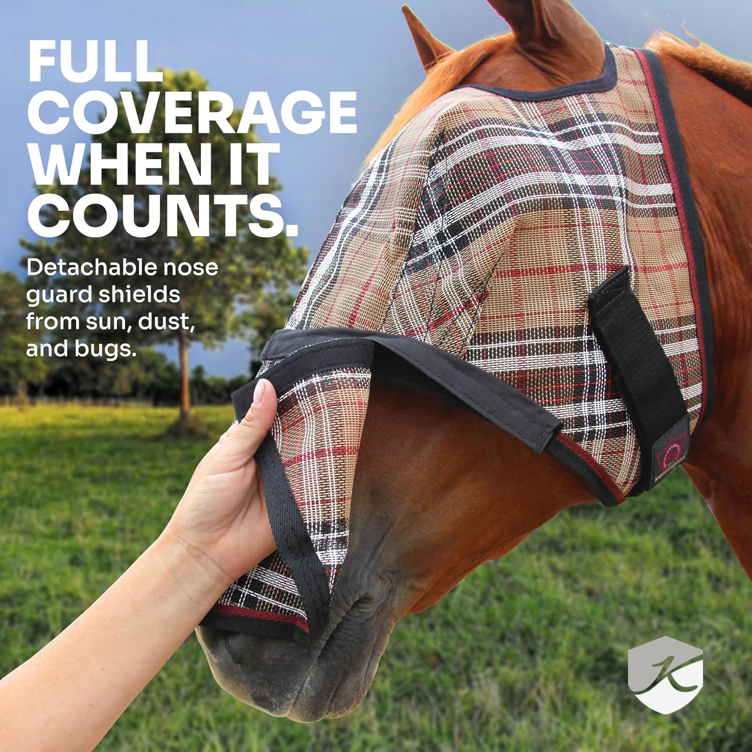 Kensington Signature Fly Mask with Removable Nose — Protects Horses Face and Nose from Biting Insects and UV Rays While Allowing Full Visibility — Ears and Forelock Able to Come Through The Mask