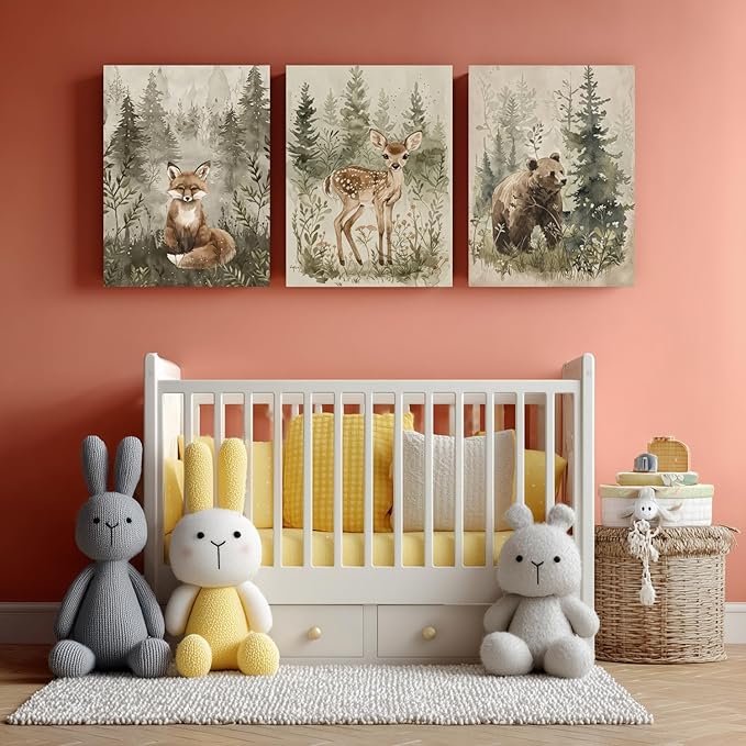 kilamino Framed Woodland Animal Nursery Wall Art, Cute Fox Bear Deer Wall Decor, Neutral Wildlife Animal Art Prints, Funny Nature Forest Animal Canvas Paintings for Baby Room Playroom 12"x16"x3