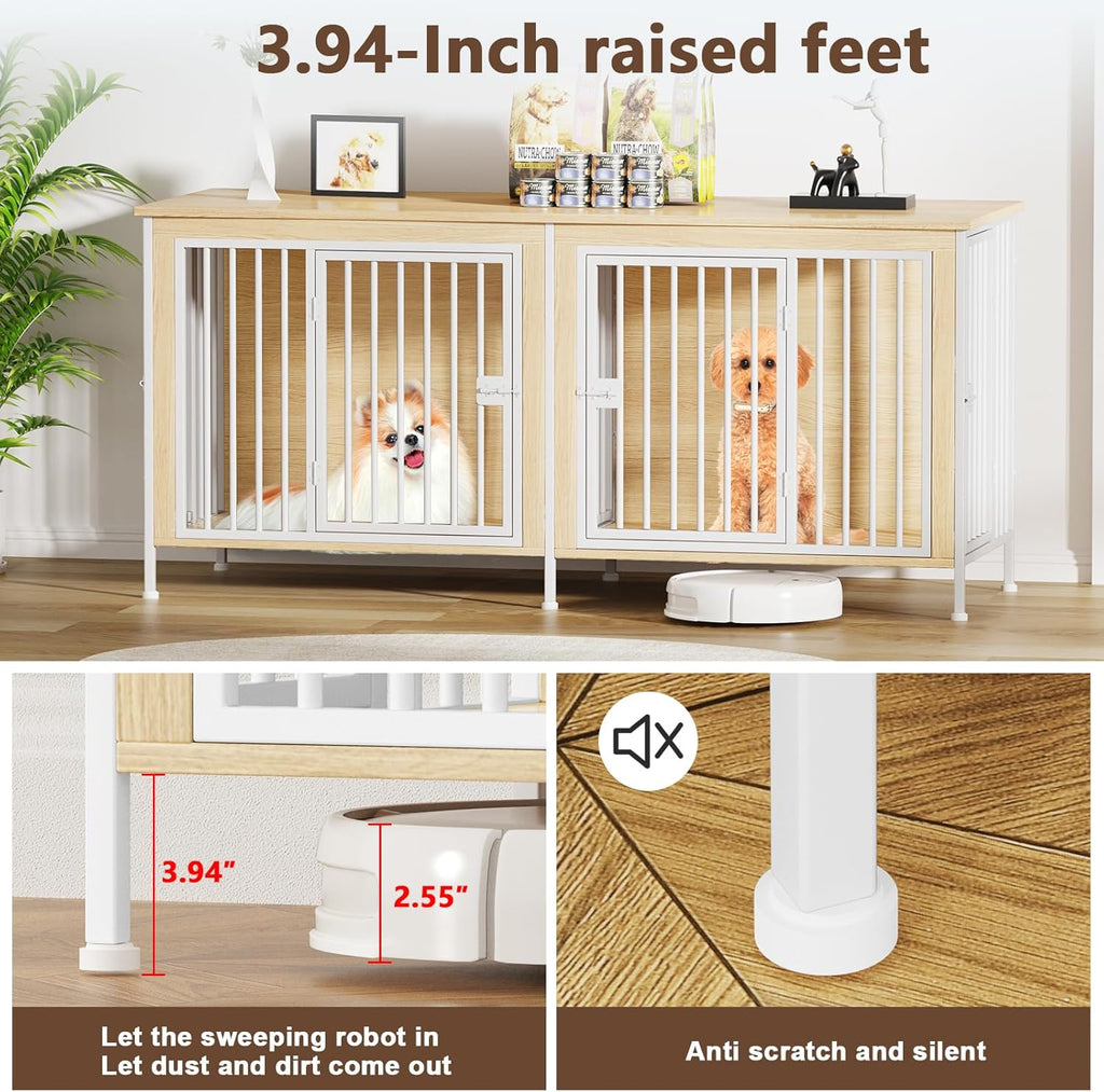 EasyCom 63" Dog Cage Furniture for 2 Pets with Divider, XL Wooden Double Dog Crate Furniture TV Stand for Mideum Breed, Durable and Sturdy