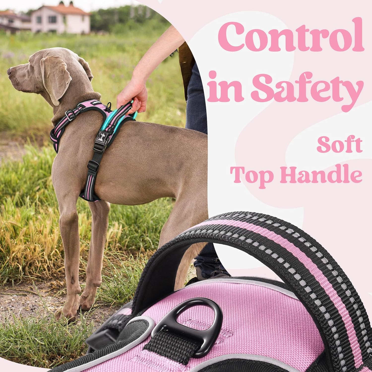 rabbitgoo Dog Harness for Large, No Pull Pet Harness with 3 Buckles, Adjustable Soft Padded Vest with Control Handle, Walking Reflective Pet Vest for Large Dogs, Pink, L