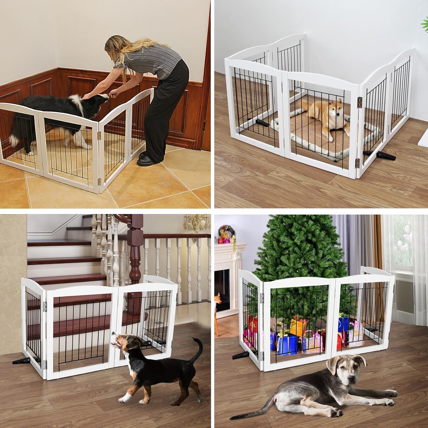 ZJSF Freestanding Dog Fence Indoor, Foldable Dog Gate for Doorways, Stairs or Hallways, Sturdy Wood Extra Wide Pet Gate with Support Feet for The House, White, 32 "Height-4 Panels