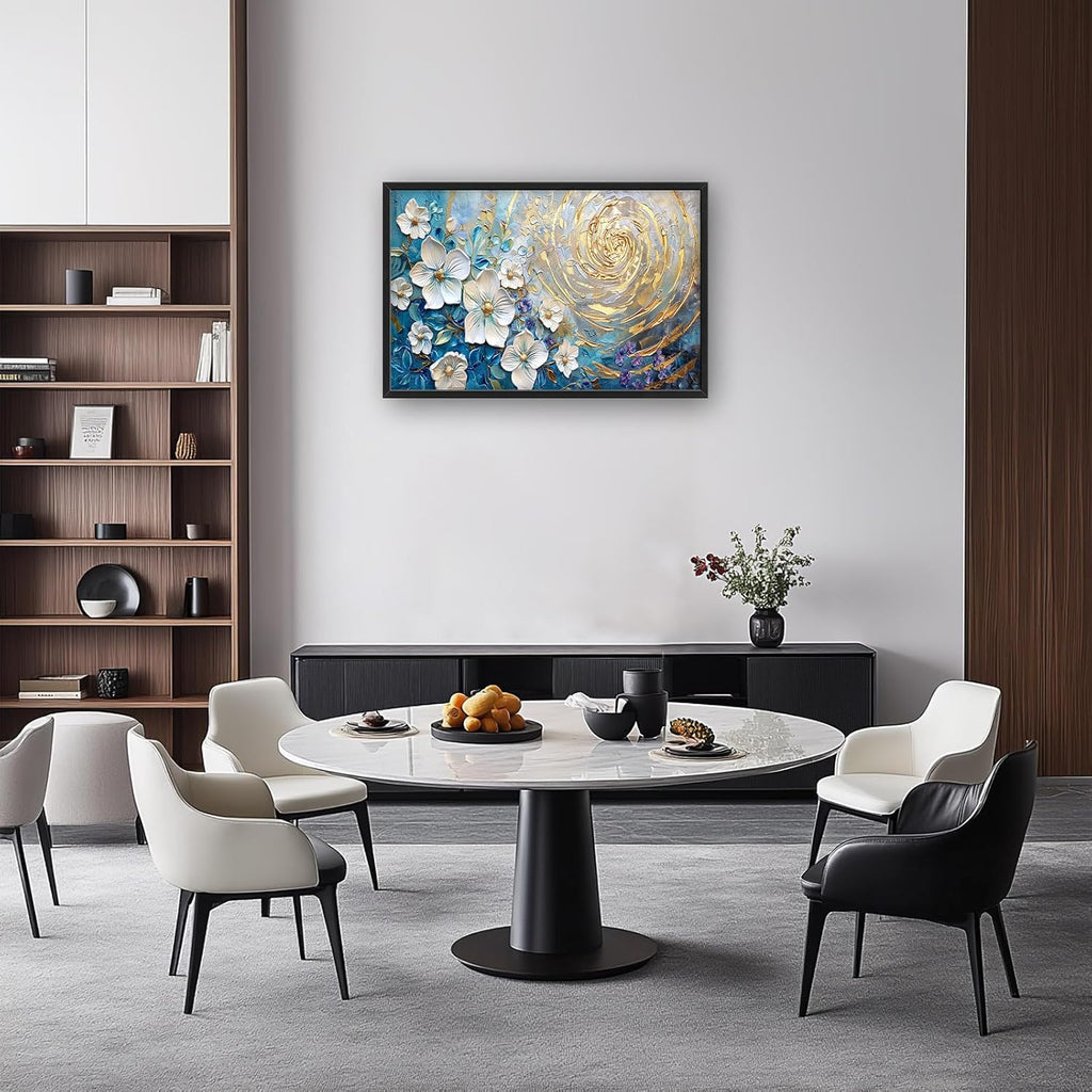 Flower Large Wall Art White Floral Pictures Abstract Golden Spiral Texture Wall Decor Canvas Print Painting Artwork for Bathroom Living Room Bedroom 36L" x 24W"