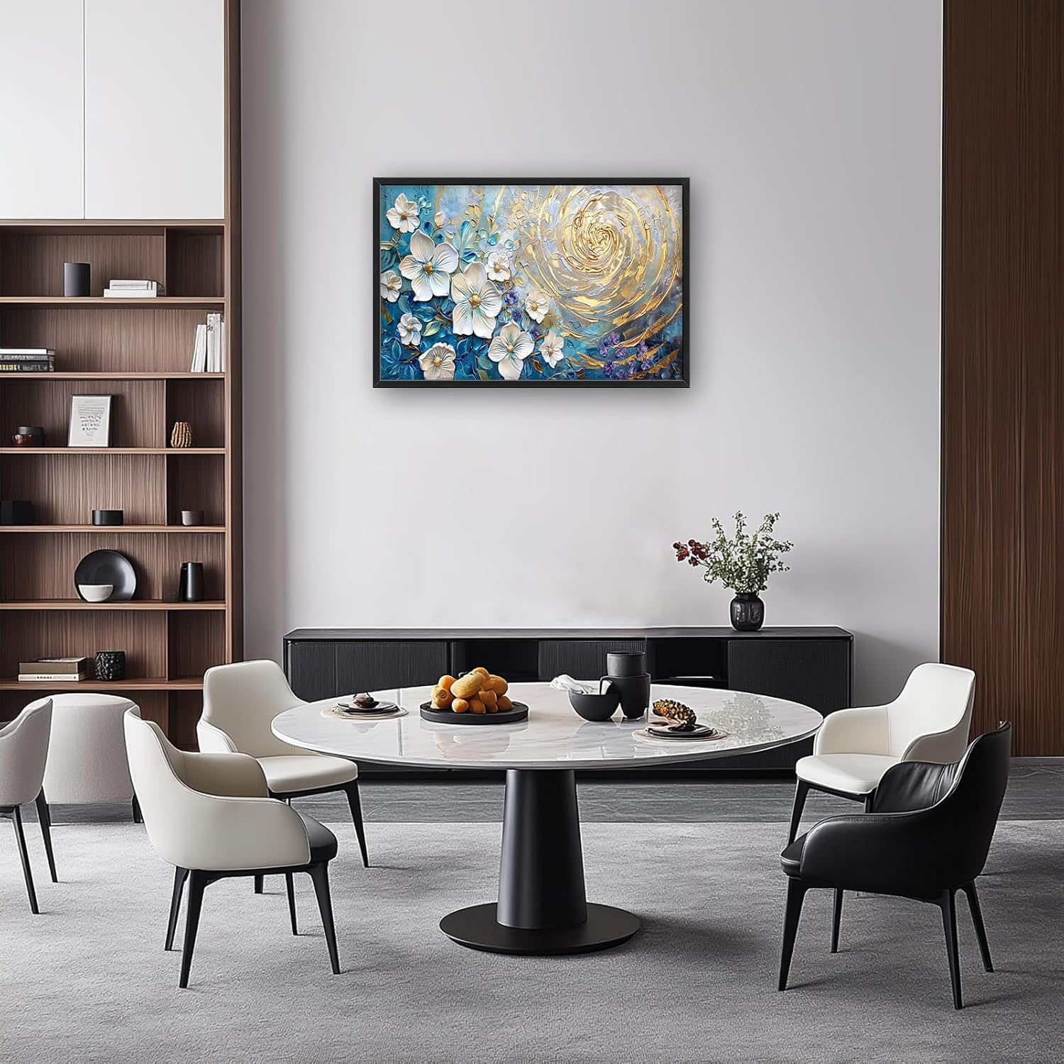 Flower Large Wall Art White Floral Pictures Abstract Golden Spiral Texture Wall Decor Canvas Print Painting Artwork for Bathroom Living Room Bedroom 36L" x 24W"