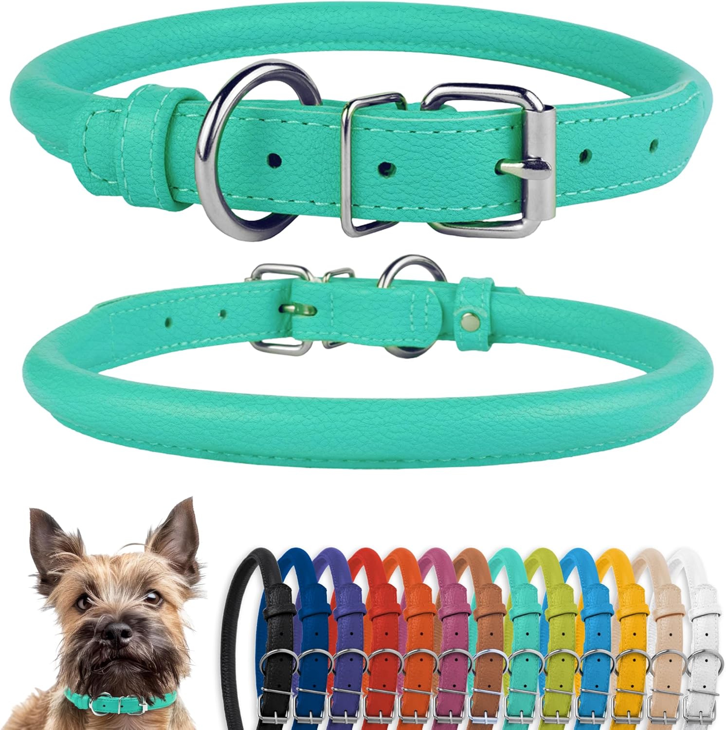 CollarDirect Rolled Leather Dog Collar, Soft Padded Round Puppy Collar, Handmade Genuine Leather Collar Dog Small Large Cat Collars 13 Colors (6-7 Inch, Mint Green Textured)