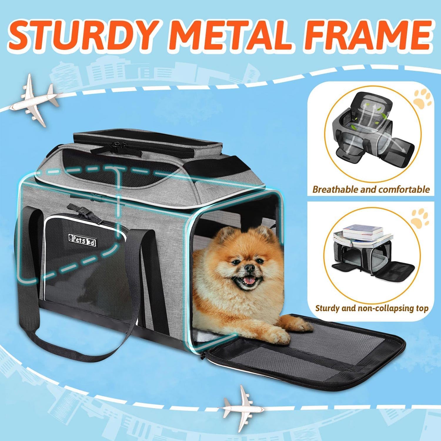 Petskd Top-Expandable Pet Carrier 18x11x11 Inches Delta American United Airline Approved, Soft-Sided Carrier for Small Cats and Dogs with Locking Safety Zippers and Anti-Scratch Mesh(Grey)