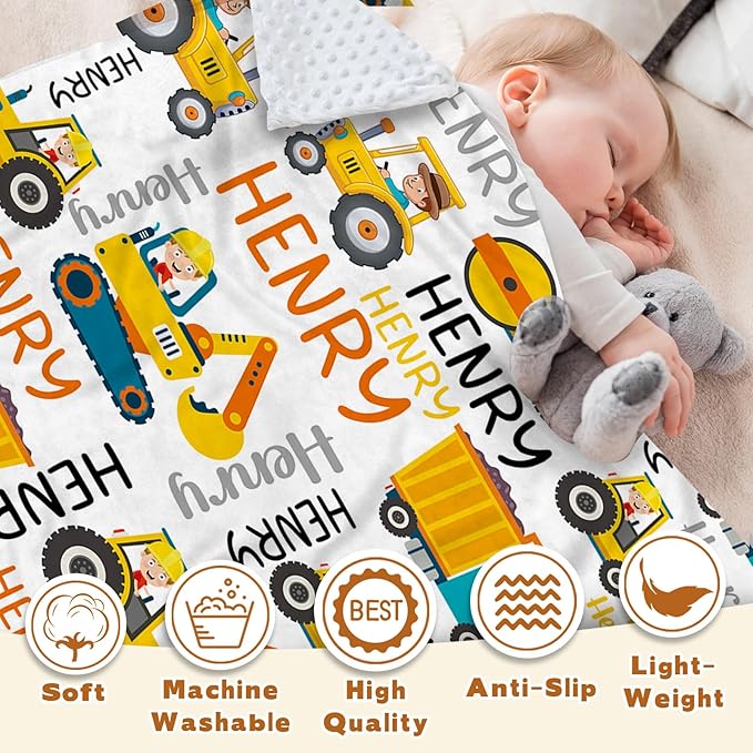 Personalized Baby Blankets for Boys, Custom Name Blanket Birthday Gift for Kid, Soft Flannel Blanket with Dotted Backing for Infants Toddlers, Customized Gifts, Yellow Truck(30”x40)