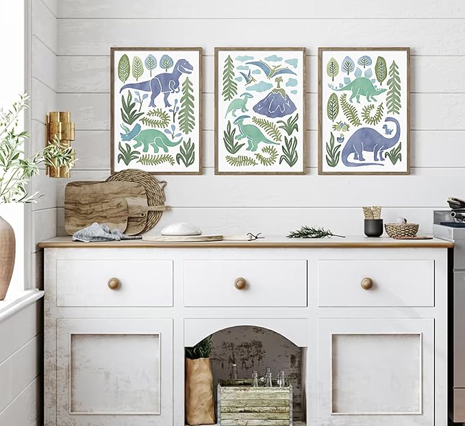 Baby Boys Nursery Wall Art Blue Green Dinosaur Pictures Wall Decor Stegosaurus T-Rex Triceratops Pterodactyl Posters Artwork Watercolor Dino Painting Canvas Prints for Kids Room Toddler Boy Room Decor