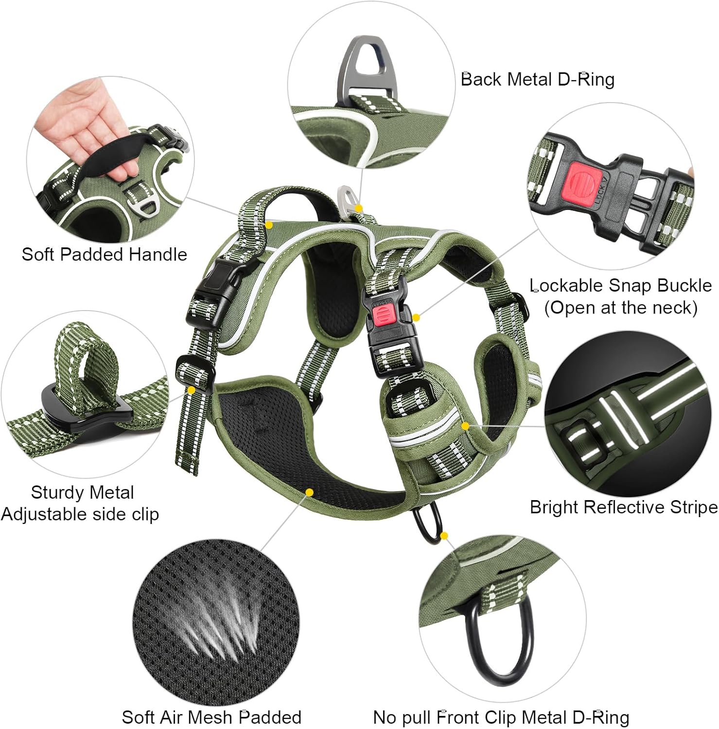 Timos Dog Harness Large Sized, No Pull Pet Harness with Neck Lockable Snap,No Choke Front Clip Dog Reflective Vest,Adjustable Metal Rings 3 Buckles,Easy Control Handle for Large Dogs Green XL