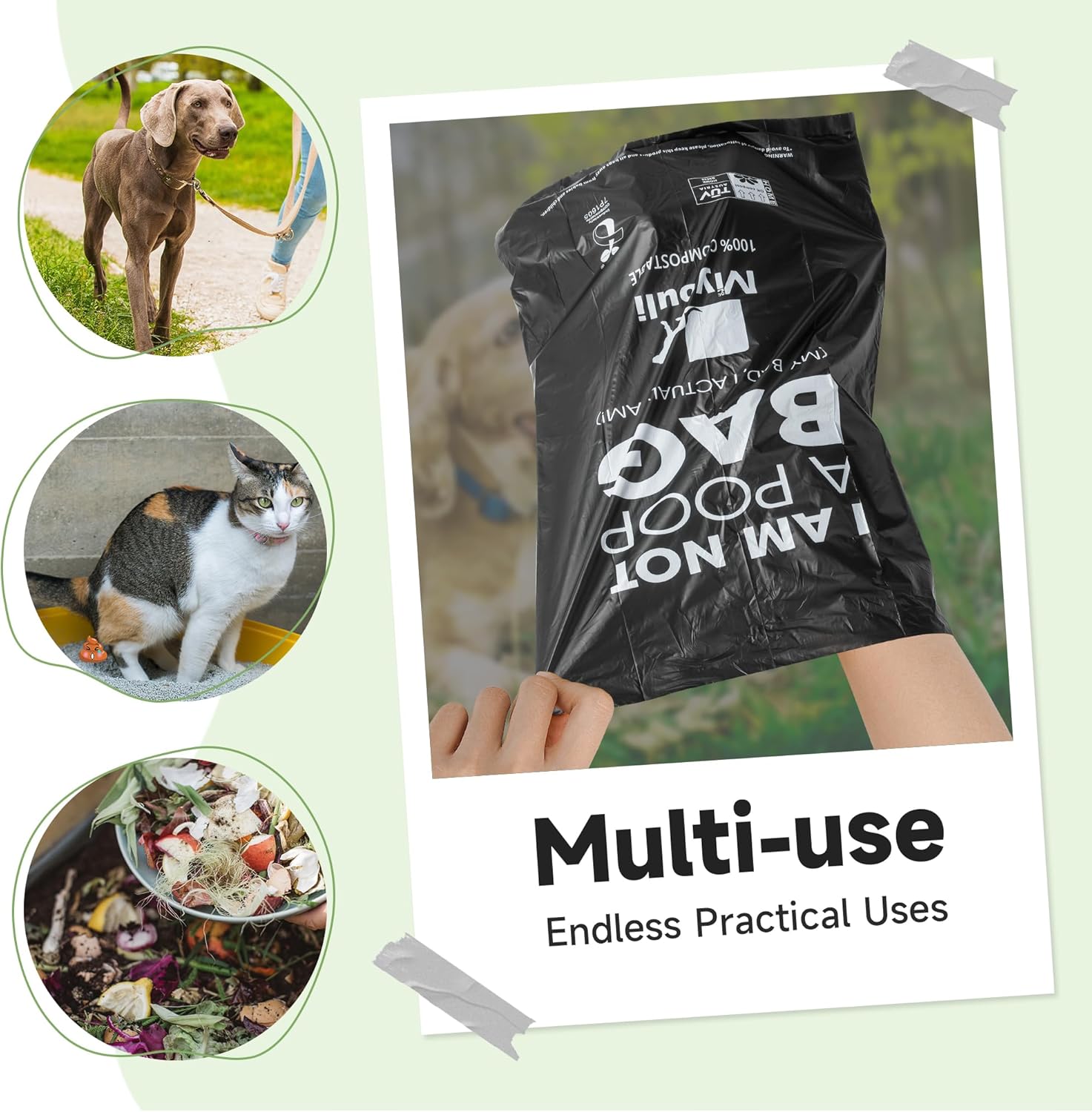100% Certified Compostable Dog Poop Bag Rolls, 120 Bags (8 Rolls) Eco-Friendly Poop Bags for Dogs, Leak Proof Unscented Easy Open Poop Waste Bag（Black）
