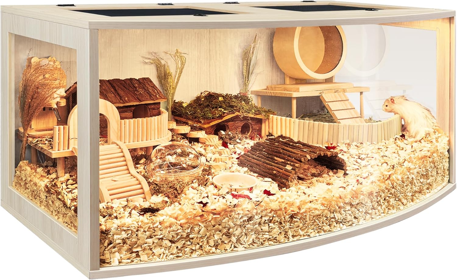 Prolee Hamster Cage Chew Proof Wood, Hamsters Enclosure Openable Top with Curved Design,Waterproof Small Animals Cage with Acrylic Sheets for Gerbils,Hamster Habitat(32 Inches)