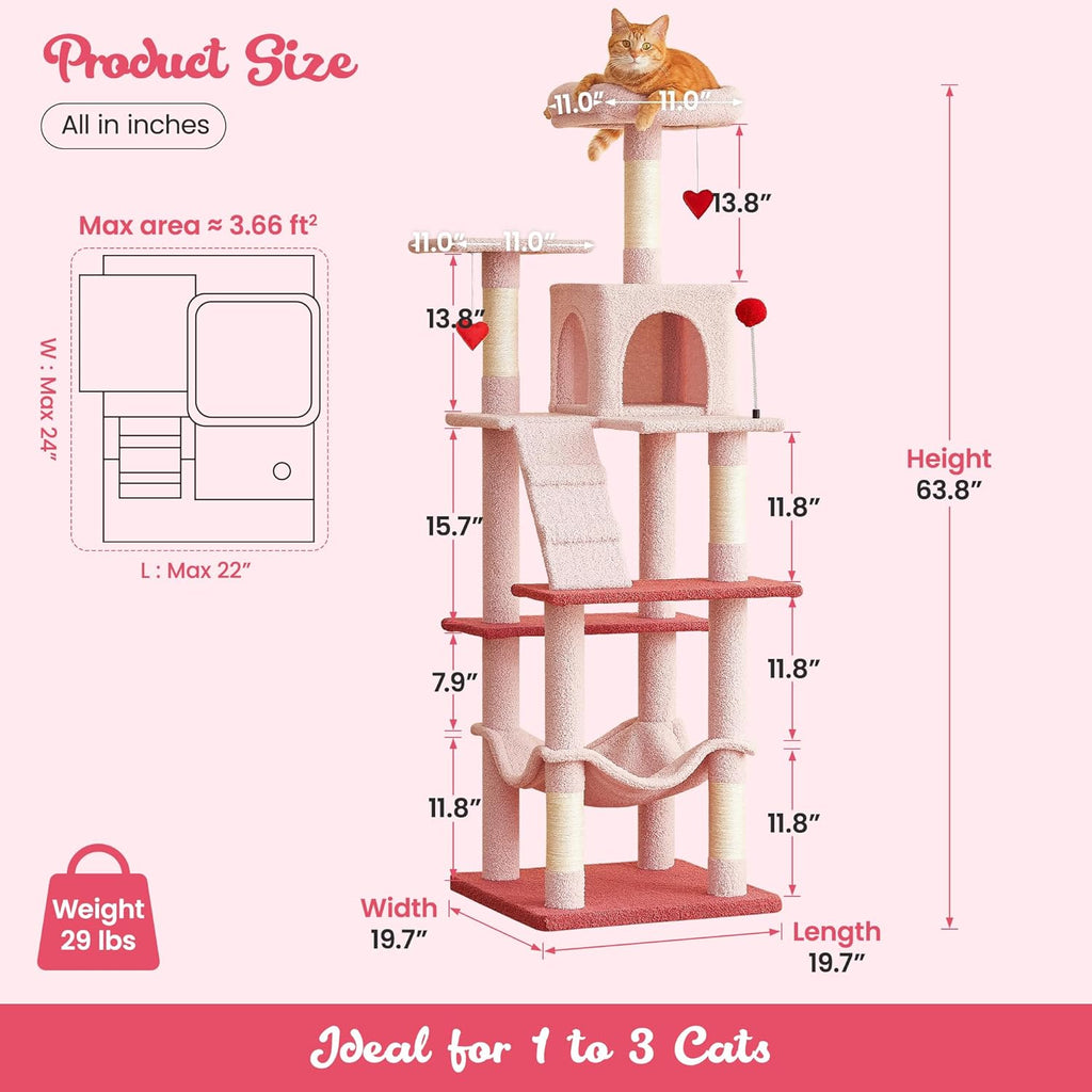 MWPO Cute Cat Tree, 63.8-Inch Pink Cat Tower for Indoor Cats, Multi-Level Cat Condo with 5 Scratching Posts, 2 Perches, Hammock, Dangling Toys