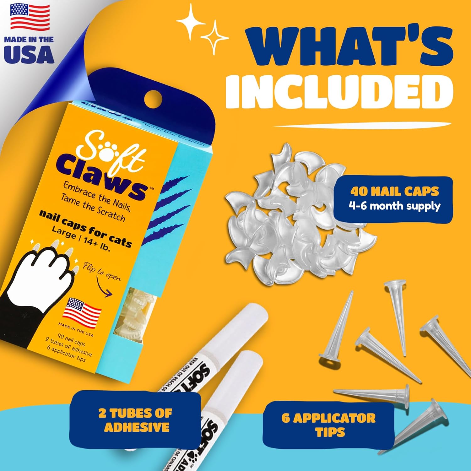 Soft Claws Cat Nail Caps for Large Cats – (Red, Blue & Gold, 40 Caps) - Made in USA - Veterinarian-Developed | Protects Furniture & Skin - Easy to Apply, Long-Lasting Anti-Scratch Soft Cat Claw Covers
