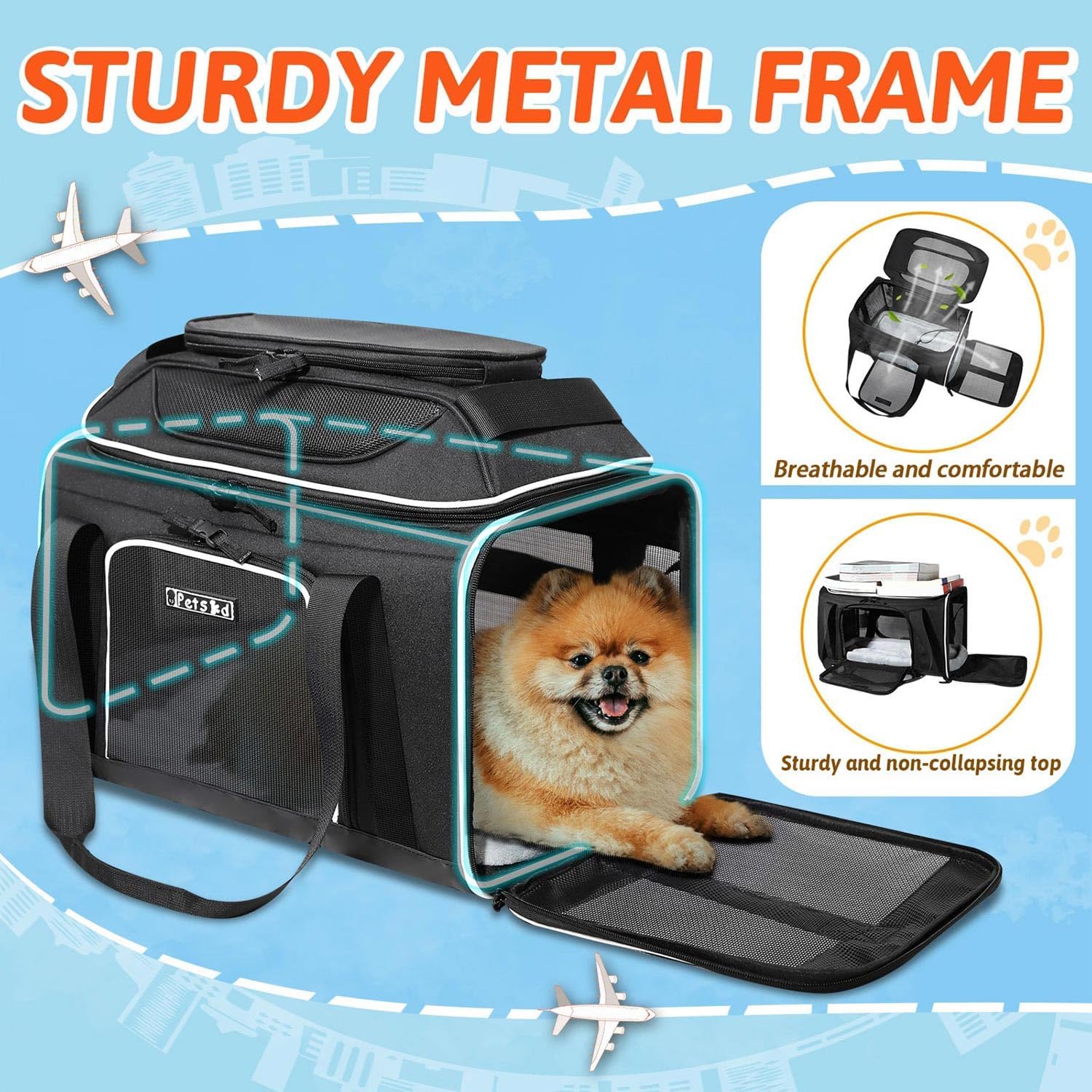 Petskd Top-Expandable Pet Carrier 17x11x9.5 Inches Alaska Airline Approved, Soft-Sided Carrier for Small Cats and Dogs with Locking Safety Zippers and Anti-Scratch Mesh(Black)