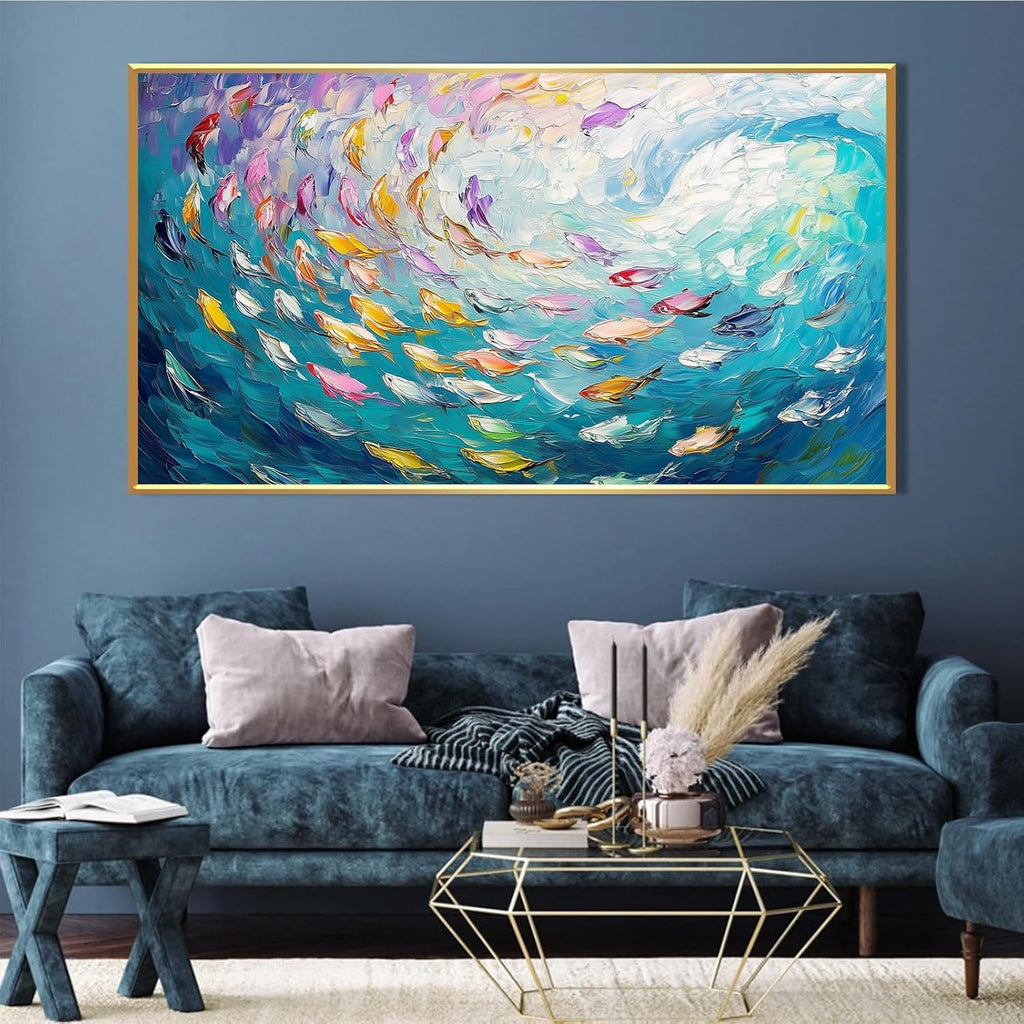 Fish Canvas Wall Art, Abstract School of Fish Canvas Wall Art, School of Fish Painting Canvas, School of Fish Wall Art, Fish Wall Decor, Fish Pictures Wall Decor, Bedroom Canvas Wall Decor (Gold Framed, 69"x39" | 174x98cm)