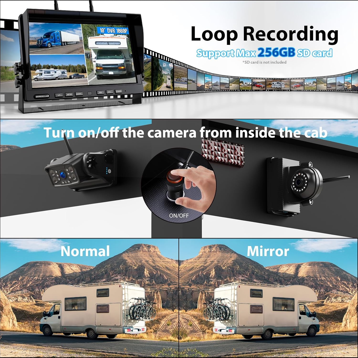3 Magnetic Wireless Backup Camera with HD 1080P 10" DVR Monitor, 1-Rear View 2-Side View Cameras Wireless System for RV Trailer Trucks, Built-in 9600mAh Battery,Night Vision,Recording- ZEROXCLUB BC103