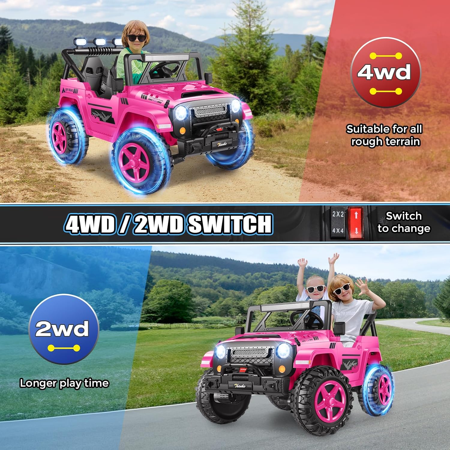 Hikole 24V 2 Seater Ride on Cars for Kids - Remote Control, 20" Spacious Seat, 4WD/2WD Switchable Electric Car with LED Lights, Bluetooth, 3 Speeds, Ride on Toys for Kids 3-8, Hot Pink