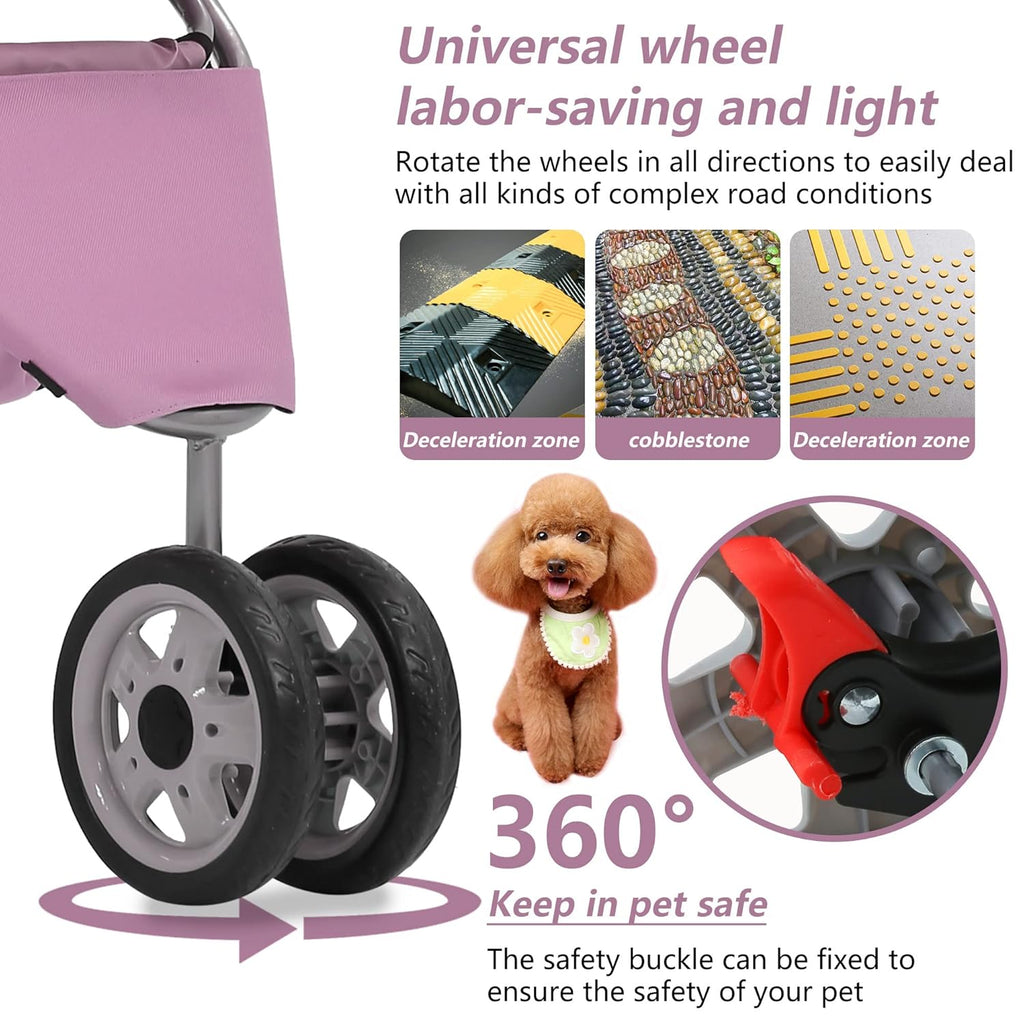 Dog Stroller,3 Wheels Travel Folding Pet Stroller for Small Medium Dog Cat Jogger Stroller with Storage Basket Removable Liner Pink