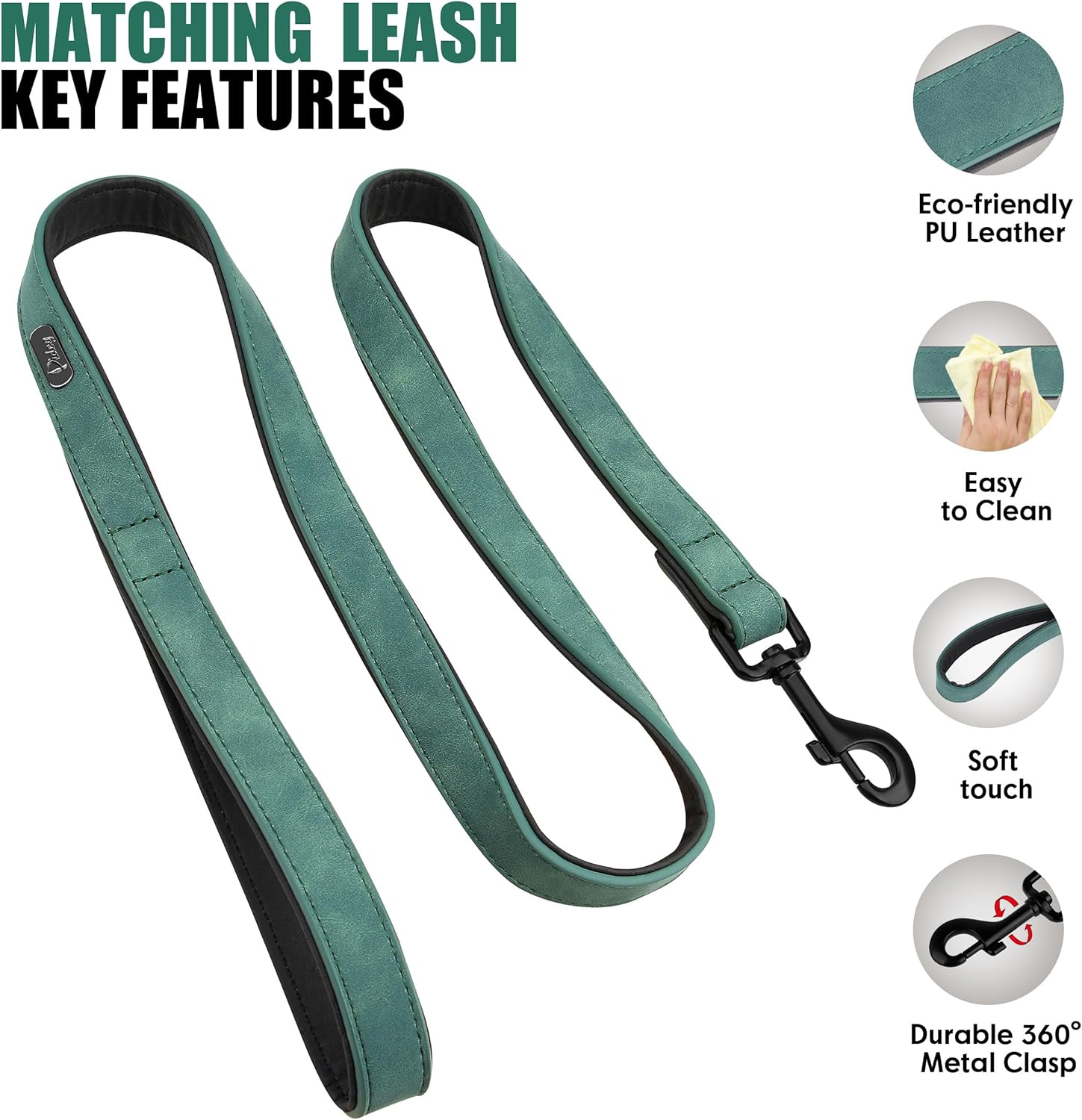 Didog Soft Padded Leather Dog Collar and Leash Set, Adjustable 4FT Faux Leather Dog Leash and Collar Set with Metal Buckle for Small Medium Large Dogs, Green, L