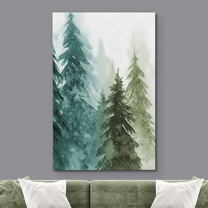SIGNWIN Canvas Print Wall Art Woodland Nursery Decor Green & Teal Watercolor Forest Pine Trees Floral Nature Illustrations Modern Chic Dramatic Multicolor for Living Room, Bedroom, Office - 32"x48"
