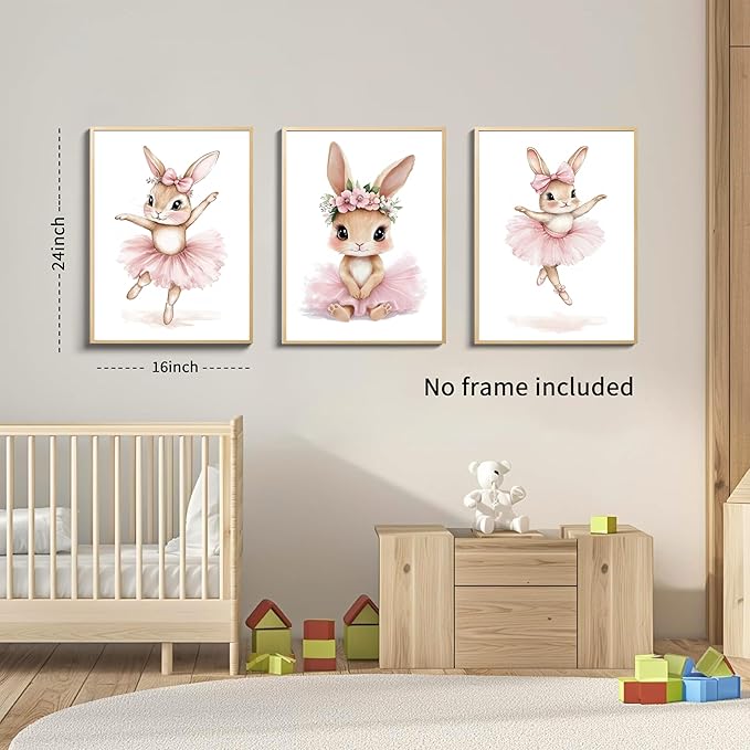 Kusag Baby Girl Nursery Posters Wall Decor, Easter Nursery Canvas Wall Art Paintings Set of 3, Cute Animal Pink Bunny Prints Pictures for Boys and Girls Room, Bedroom, Home Decor 16x24 In Unframed