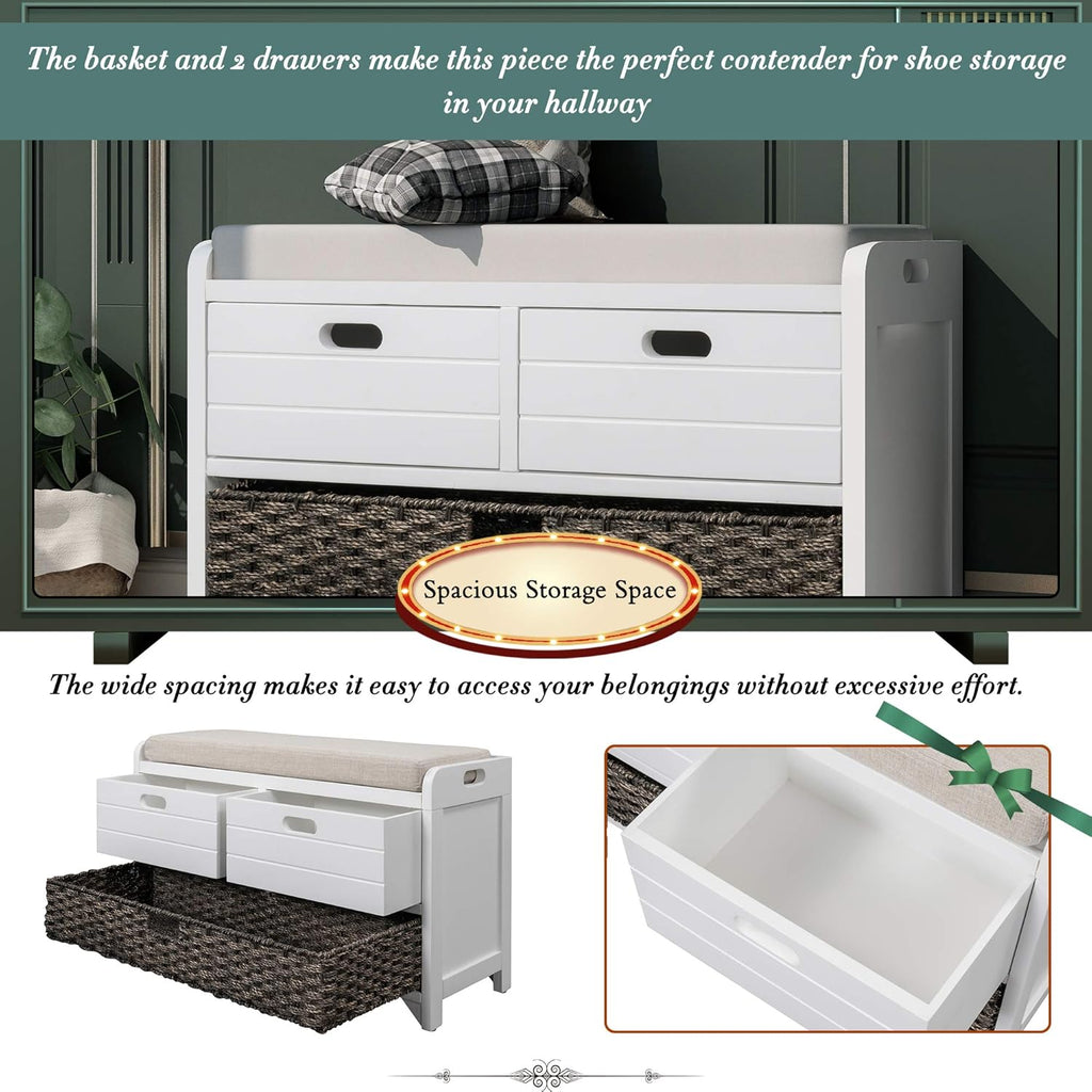 Storage Bench Removable Basket 2 Drawers Fully Assembled Acacia Wood Shoe Bench Standing Shoe Rack Removable Cushion for Living Room, Entrance Hallway, No Assembly Required White