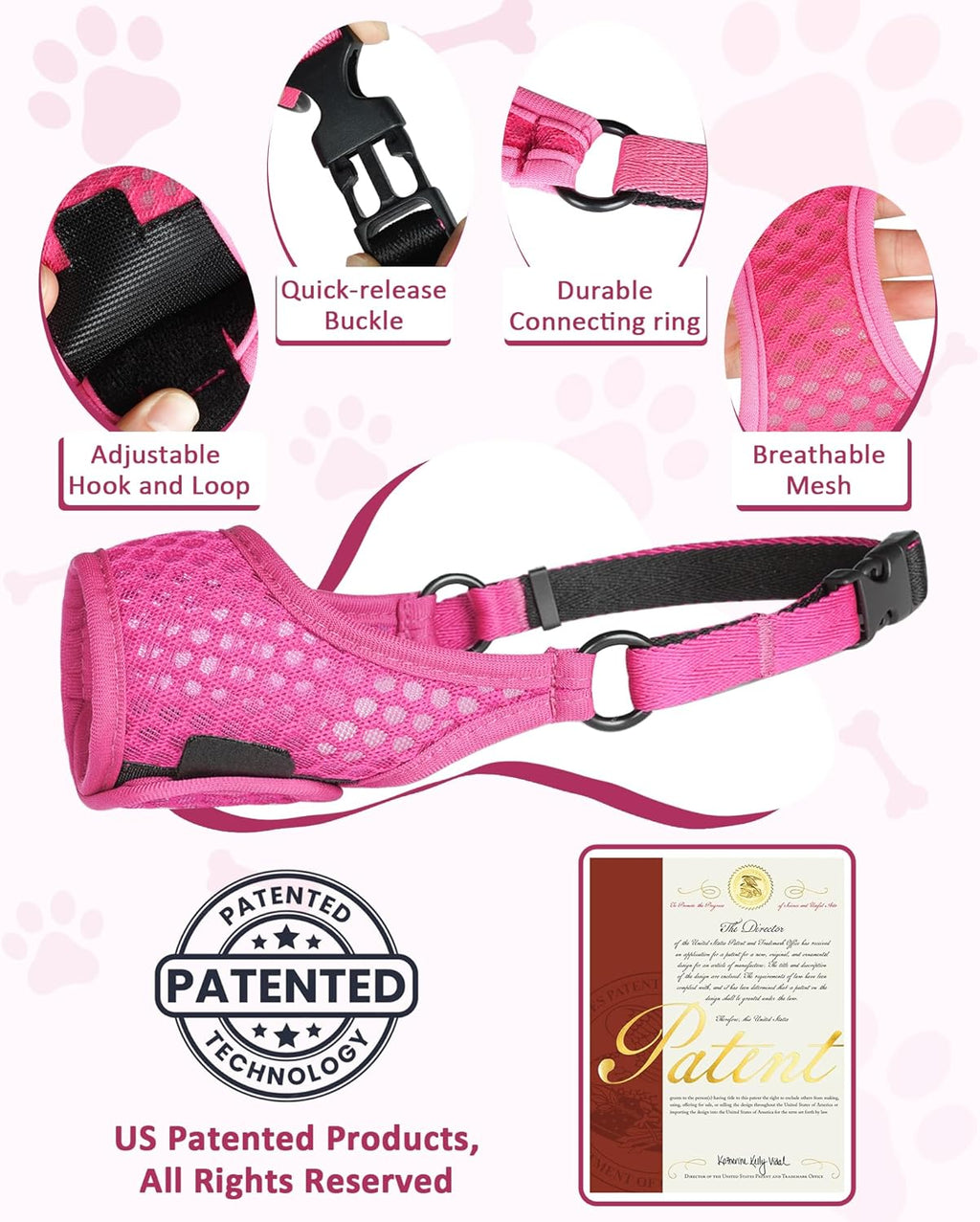 LUCKYPAW Soft Muzzle for Small Medium Sized Dogs, Dog Muzzle to Prevent Biting Chewing, Adjustable Breathable Mouth Guard for Grooming Walking Training(Hot Pink, XS)
