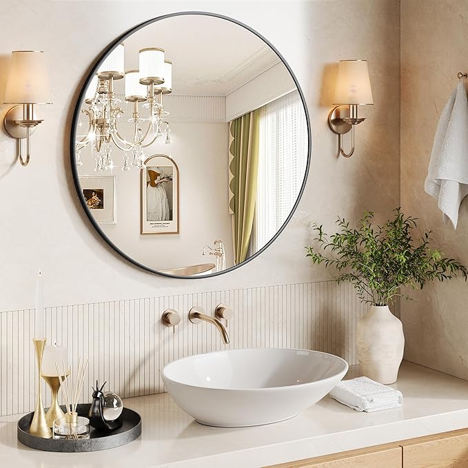 IDEALHOUSE 18 Inch Black Round Wall Mirror, Circle Mirror Metal Frame for Bathroom, Vanity, Entryway, Bedroom, Living Room, Wall Mounted Modern Rustic Decor