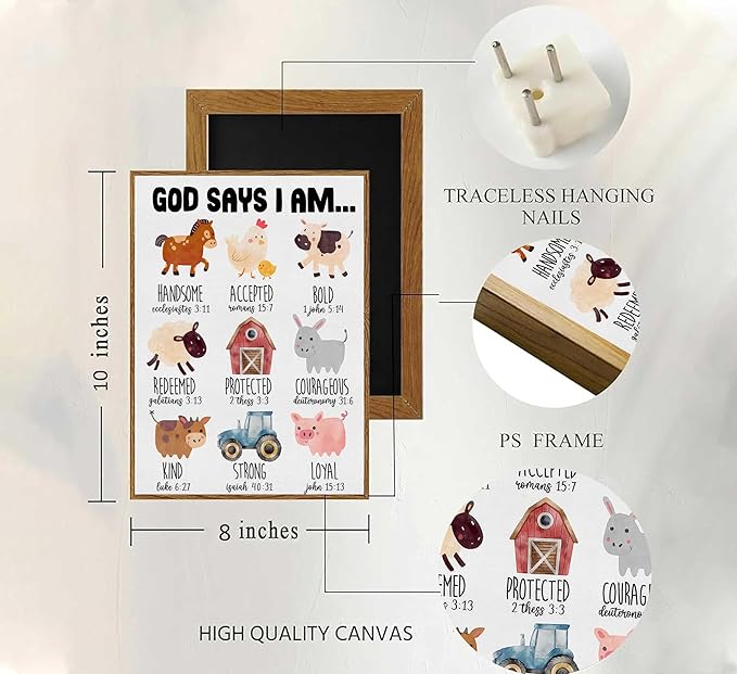 Framed Christian Nursery Canvas Wall Art God Says I Am Inspirational Bible Verses Farm Animals Painting Pictures Wall Decor Posters Prints Artwork For Kids Girls Bedroom Playroom Baby Room