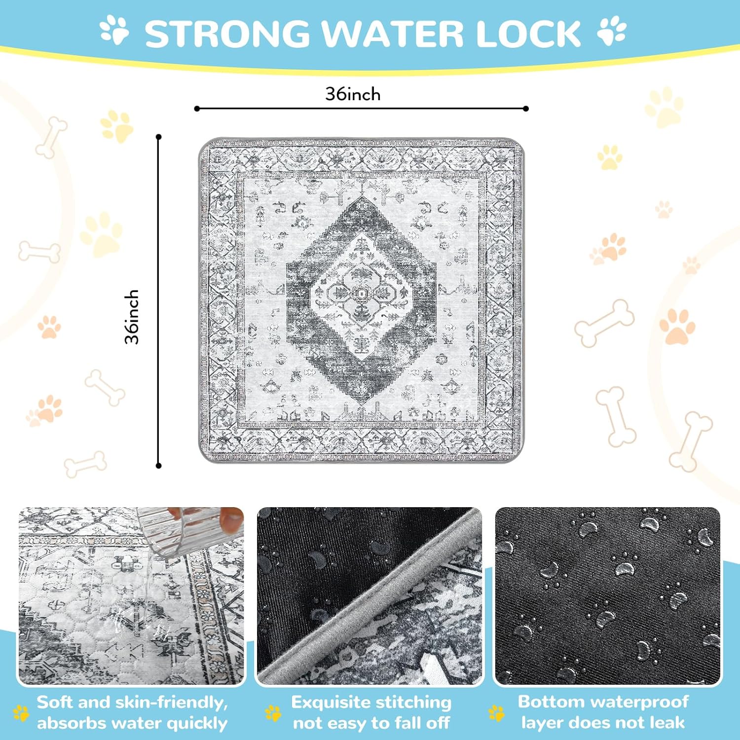 Lahome Super Absorbent Washable Pee Pads for Dogs - Secure Floor Protection - Non-Slip, Leakproof Reusable Pads for Training, Crates & Playpens (2 Pack, 36"x36", Gray)