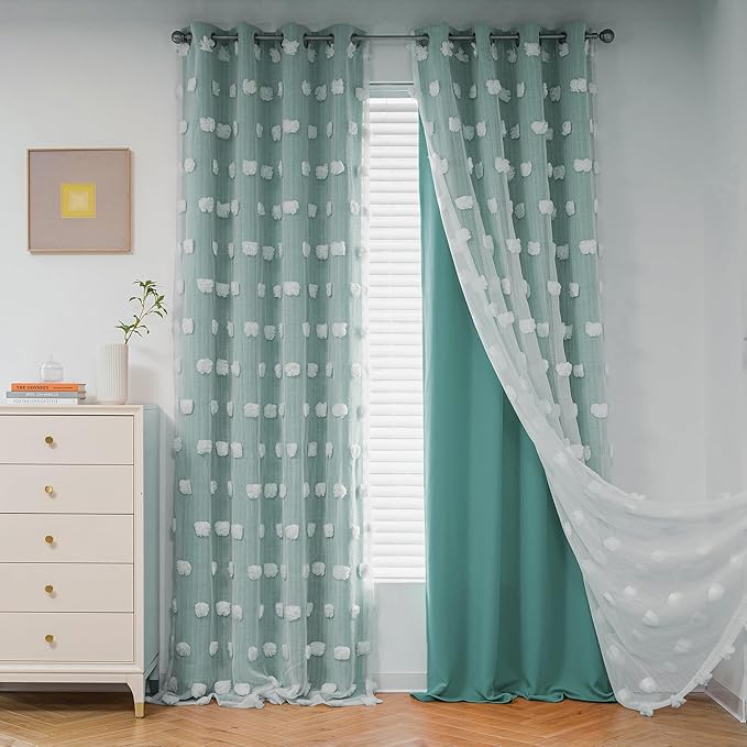 MYSKY HOME Teal Curtains for Kids Room Nursery Curtains 72 Inches Long for Girls Bedroom Double Layer Curtains White Pom Pom Sheer Curtains for Dining Room Grommet Room Darkening Panels W52 X L72