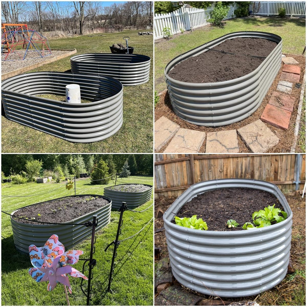 A ANLEOLIFE 8X4X2 ft Galvanized Raised Garden Beds Outdoor, Oval Large Metal Deep Root Planter Box for Planting Vegetables Flowers Herb, Anti-Rust & Easy-Setup, Quartz Grey