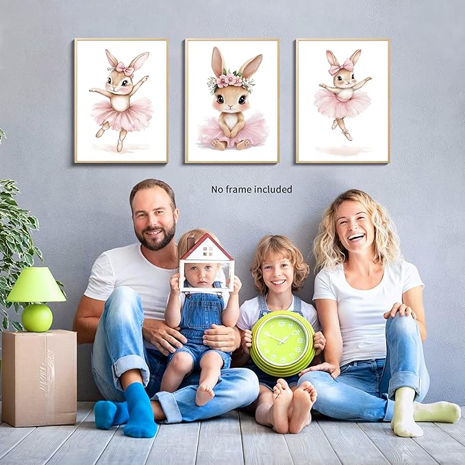 Kusag Baby Girl Nursery Posters Wall Decor, Easter Nursery Canvas Wall Art Paintings Set of 3, Cute Animal Pink Bunny Prints Pictures for Boys and Girls Room, Bedroom, Home Decor 16x24 In Unframed