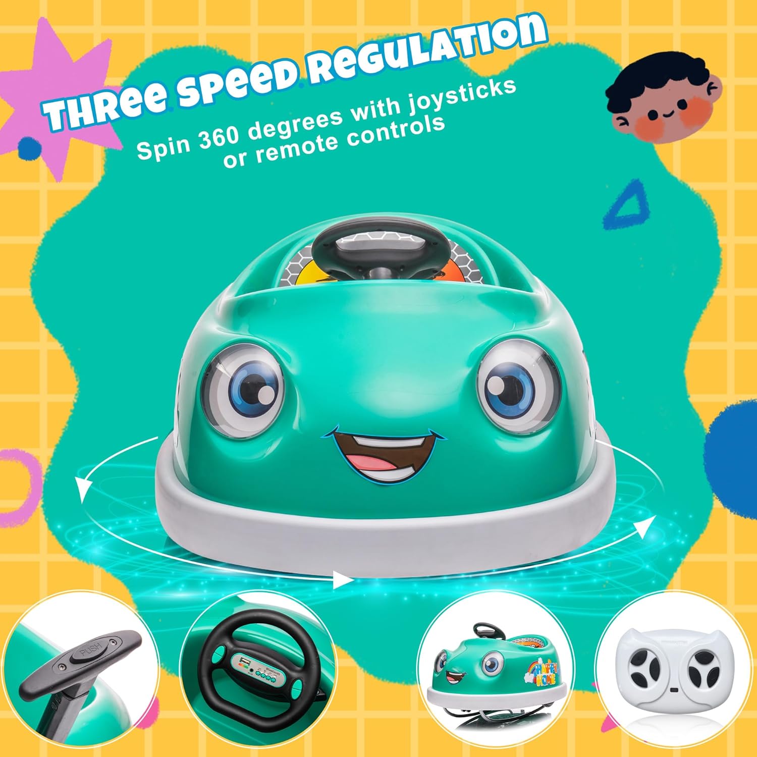 12V Dual Battery Electric Ride on Kids Bumper Car w/Remote Control,360 Degree Spin,Push Rod Rocker Horse Function,3-Speeds Babies & Toddlers Bumping Car Ride on Toy Gift for 1-4 Years Children（Green）