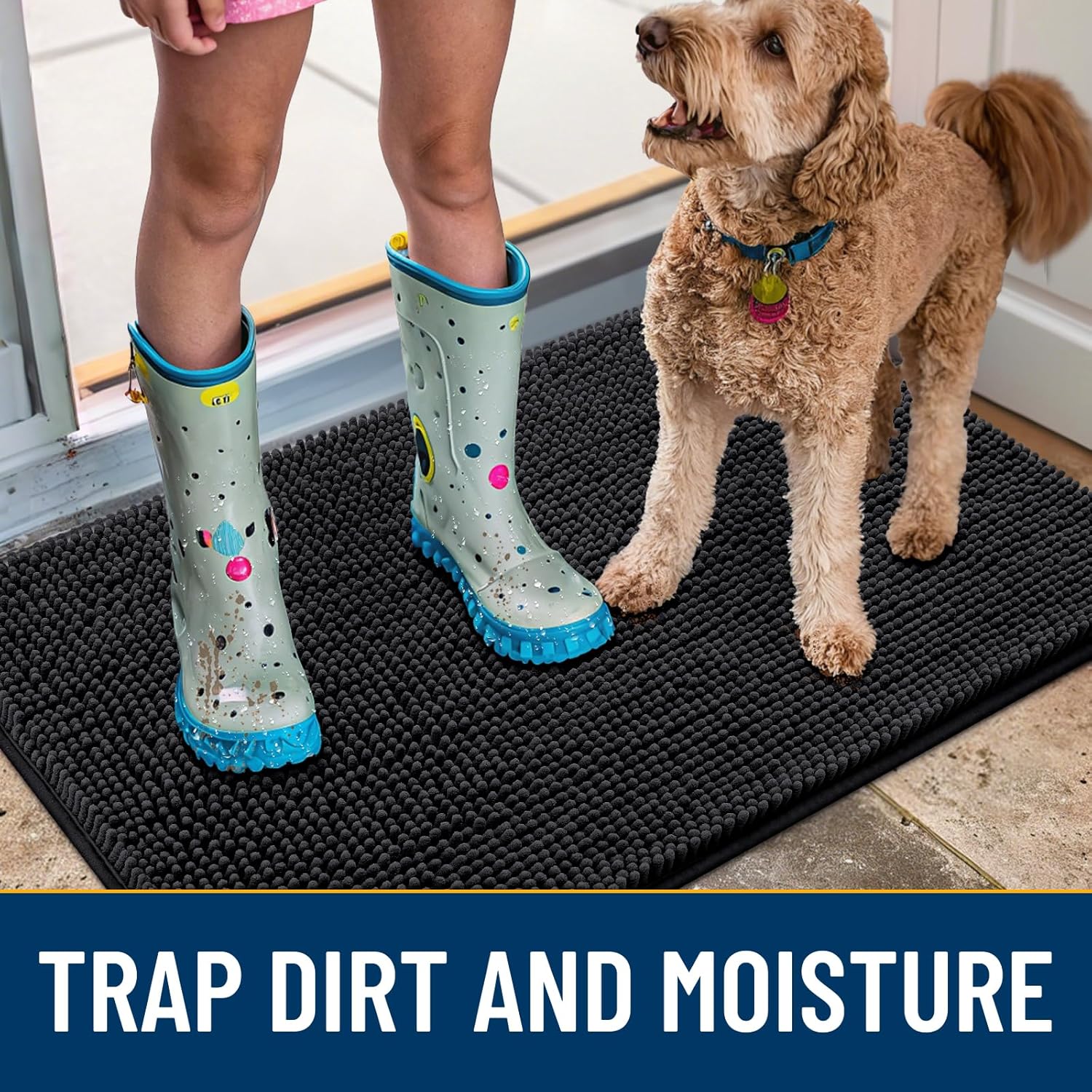Smiry Dog Door Mat for Muddy Paws 30x20, Absorbs Moisture and Dirt Doormat, Non-Slip Washable Quick Dry Chenille Front Door Mat Indoor Entrance, Entryway Carpet for Inside Floor, Black
