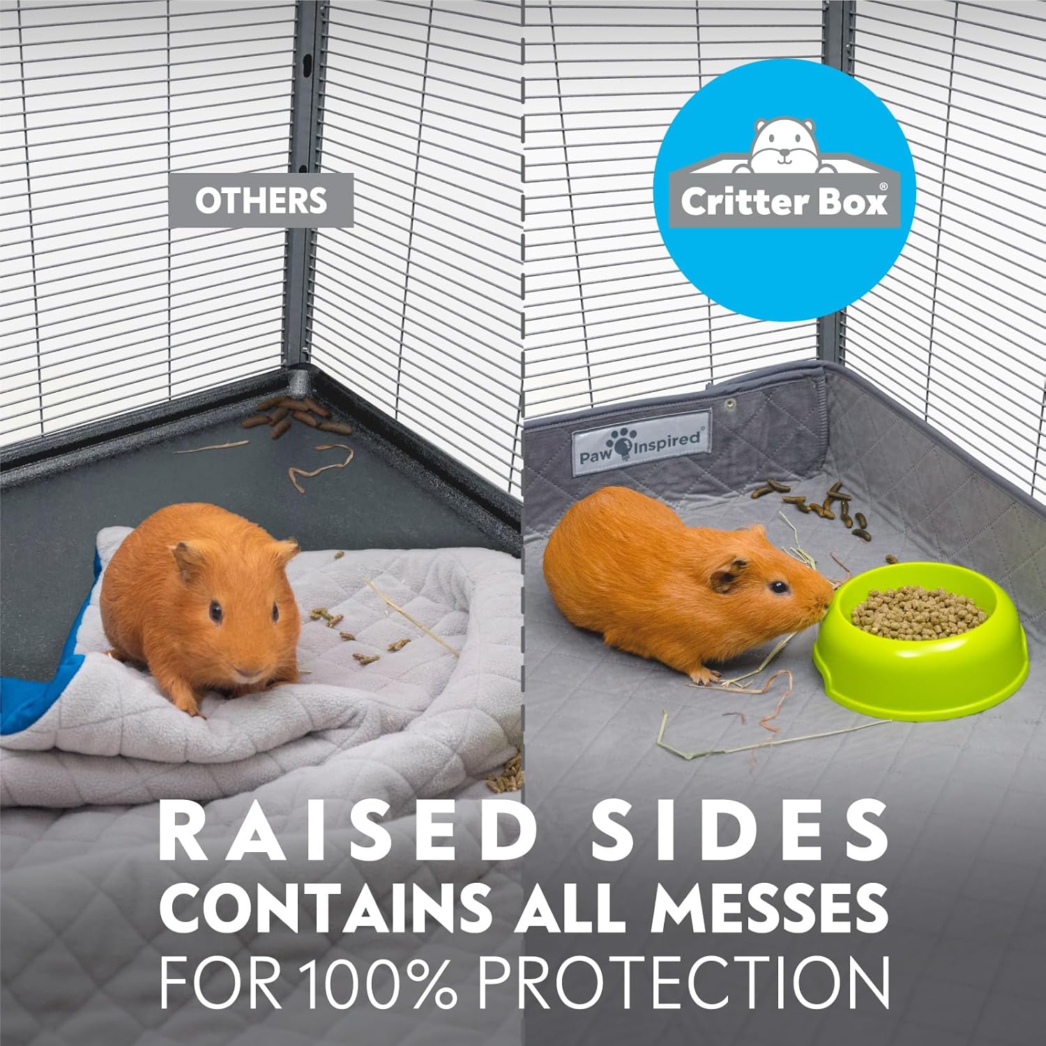 Paw Inspired Critter Box Washable Cage Liner, Reversible Fleece Bedding with Raised Sides for Ferrets, Guinea Pigs, Rats, Chinchillas, Small Animals (Critter Nation/Ferret Nation, Gray/Green)