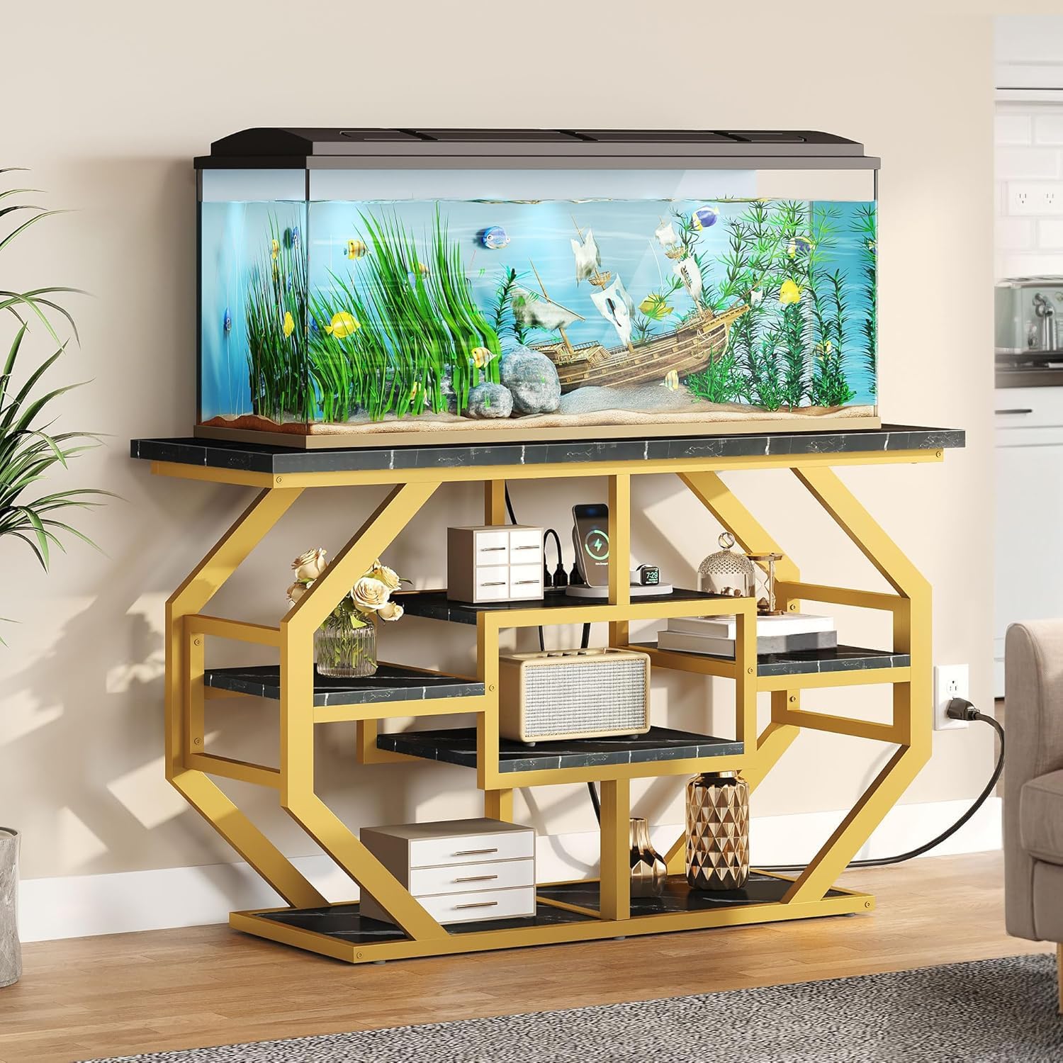 YITAHOME Heavy Duty 55-75 Gallon Fish Tank Stand with Power Outlet, Marble Aquarium Stand for Fish, Turtle, Reptile Terrarium, Shelves for Fish Tank Accessories Storage, 860LBS Capacity, Gold