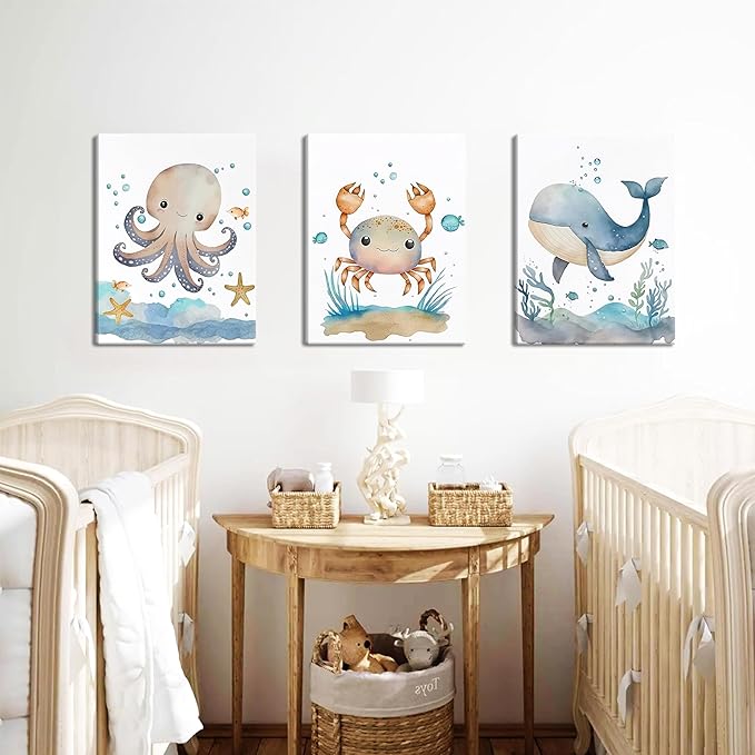 Ocean Nursery Wall Art Set of 3, Sea Animal Baby Boys Room Canvas Wall Decor Paintings, Watercolor Ocean Kids Nursery Posters Prints Pictures for Boys and Girls Room, Bedroom 16x24 Inch Framed