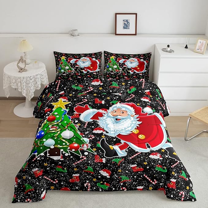 Feelyou Merry Christmas Comforter Set Santa Claus Christmas Tree Galaxy Red Black Bedding Quilt,Soft Warm Lightweight,Queen Size for Girls Boys Kids 1 Comforter + 2 Pillow Cases Boys