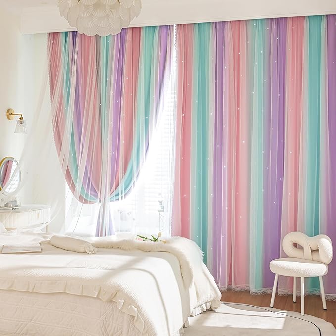 XiDi Curtains for Girls Bedroom Kids Room 2 Panels Colorful Rainbow Design Unicorn Wall Decor Blackout Pink Curtains Cute Mermaid Princess Room 34 Wide 63 Inches Long Grommet Drapes Pink Purple Green