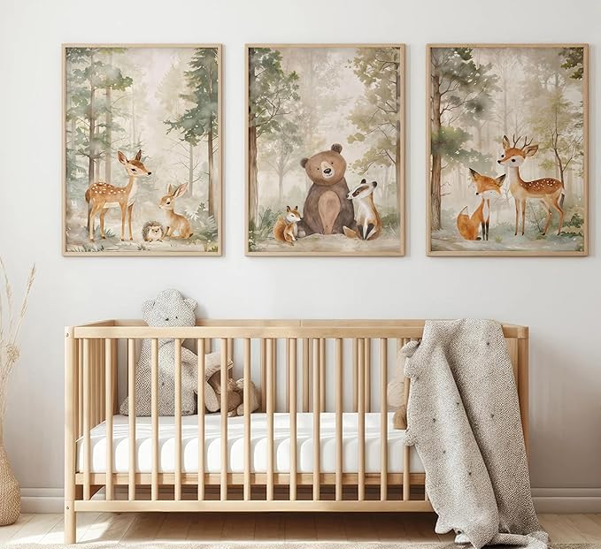 3Pcs Woodland Animal Nursery Canvas wall art Wild Animals Forest Paintings Pictures Wall Decor Fox Bear Deer Watercolor Poster Printing Artwork for Boys Room Girls Room Home Decoration Unframed