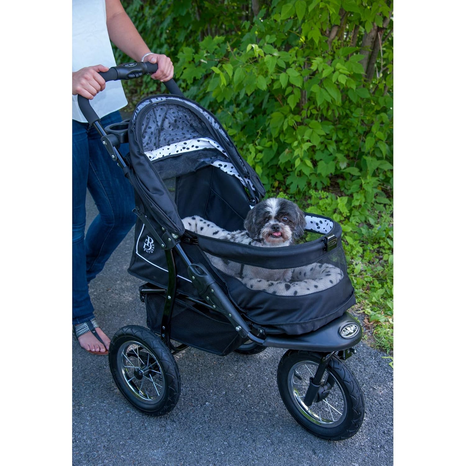 Pet Gear No-Zip NV Pet Stroller for Cats/Dogs, Zipperless Entry, Easy One-Hand Fold, Gel-Filled Tires, Plush Pad + Weather Cover Included, Black Spots
