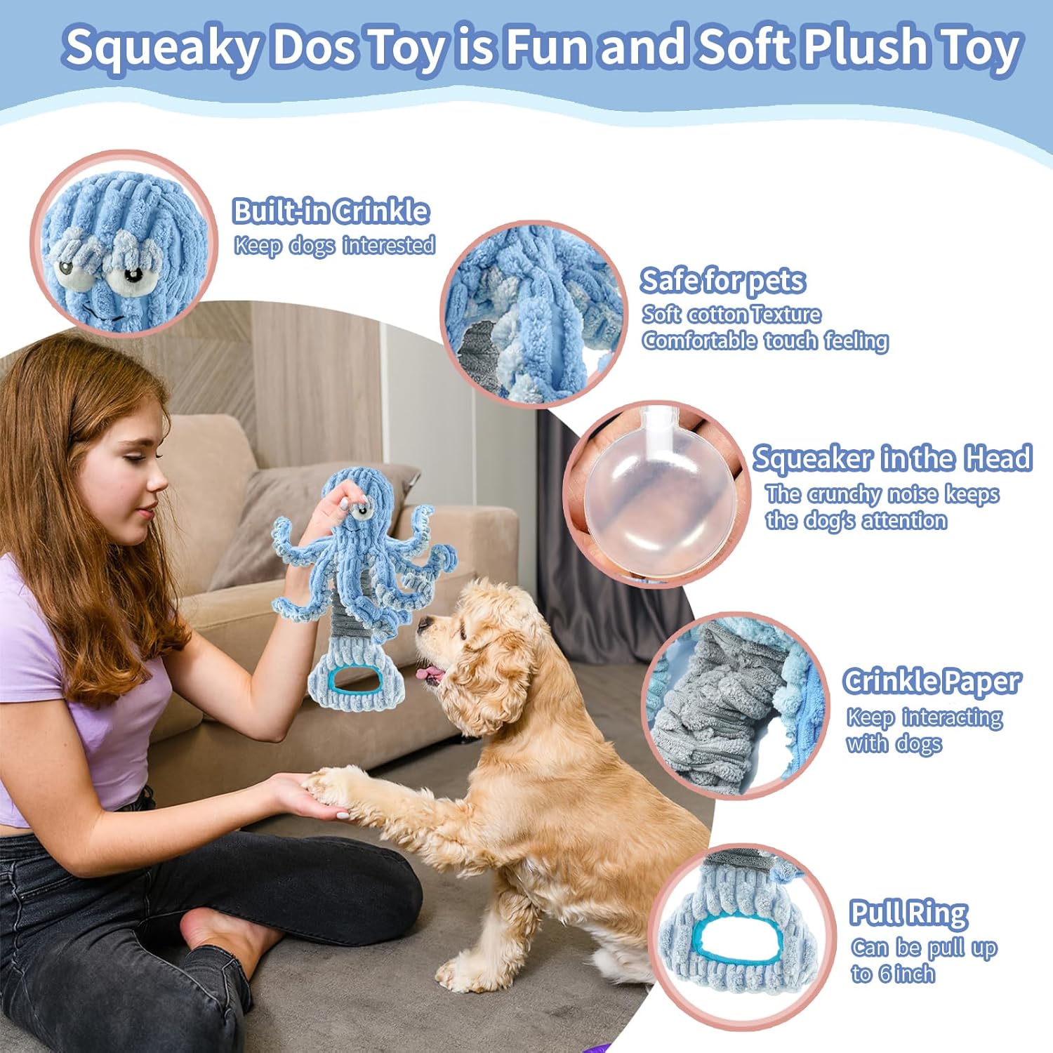 Squeaky Dog Toys for Large Dogs, Octopus Dog Toy Interactive Tug of War Dog Plush Toy to Keep Them Busy, Crinkle Dog Toy Plush Dog Toys (Blue)