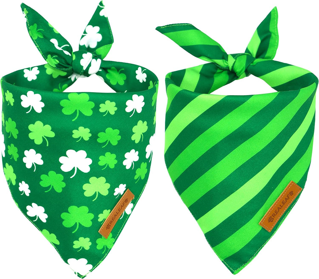 Realeaf St. Patrick's Day Dog Bandanas 2 Pack, Triangle Reversible Pet Scarf for Boys and Girls, Premium Durable Fabric, Holiday Bandana for Medium and Large Dogs (Large)