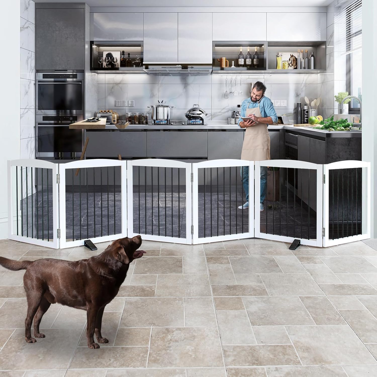 Freestanding Panel Dog Gate for Indoor Doorways, Stairs, or Hallways, Foldable Wooden Pet Gate, Support Feet Included, 24" Height-6 Panels, White