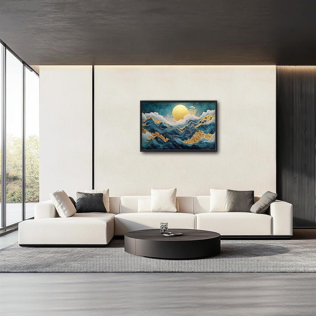 Framed Large Sun Mountain Wall Art, Oversized Teal and Golden Sun Wall Decor for Living Room, Abstract Landscape Canvas Painting Modern Artwork Home Decoration for Living Room Bedroom 36"x24"