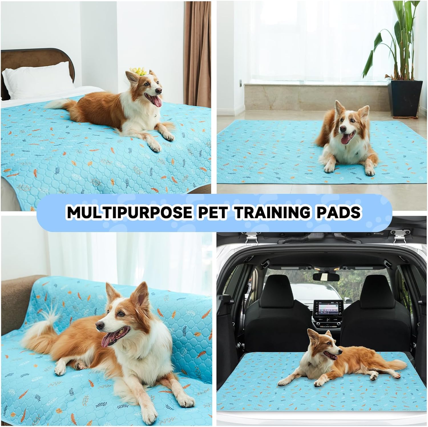 Sunheir Washable Pee Pads for Dogs 2-Pack Reusable Puppy Pads Pet Training Pads, Waterproof Dog Pee Pads for Crate, Whelping Pad, Non-Slip Protects Against Urine Leakage (Leaves - Sky Blue, 31x36)