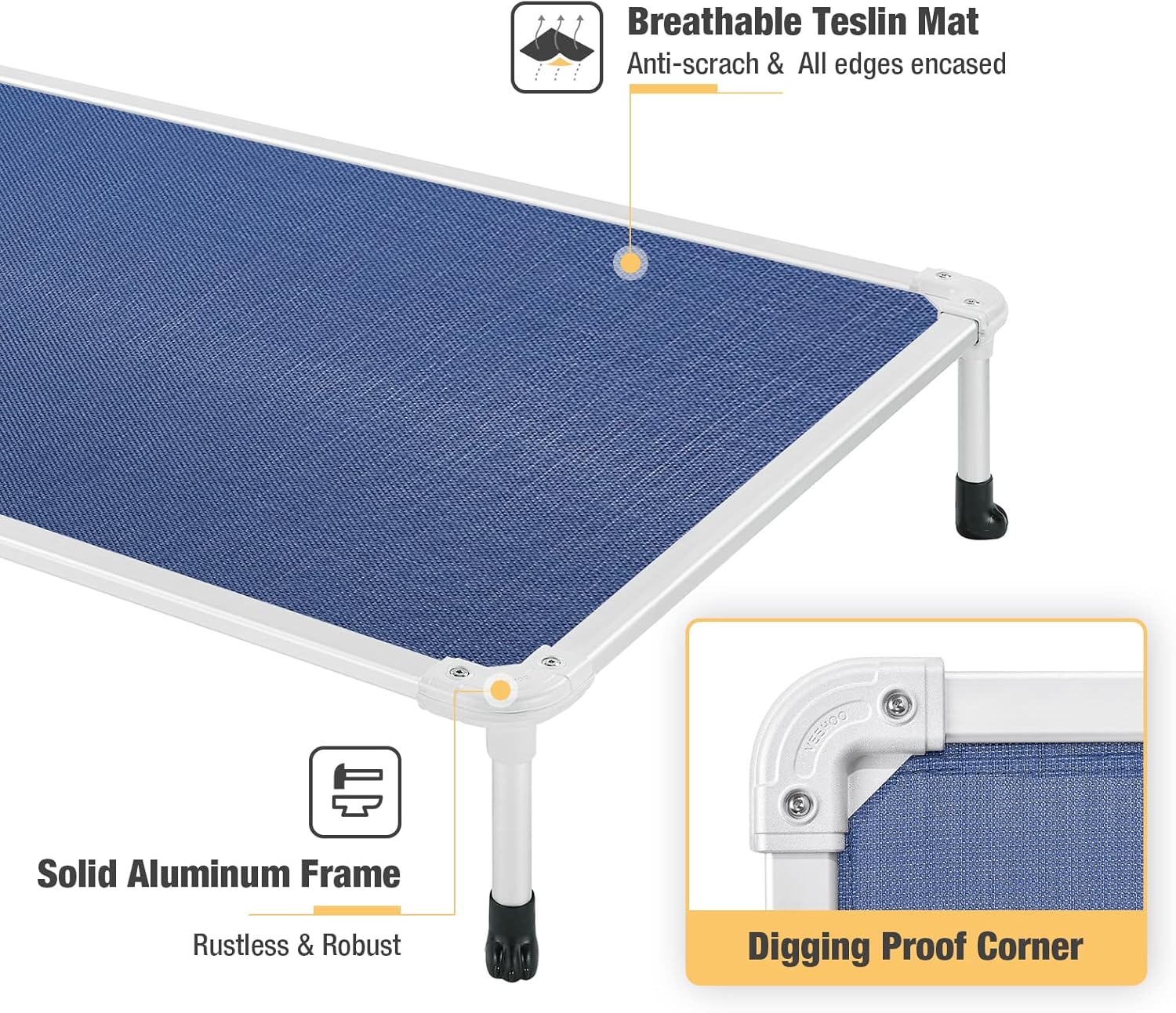 Veehoo Chew Proof Elevated Dog Bed - Cooling Raised Pet Cot - Silver Aluminum Frame and Durable Textilene Mesh Fabric, Unique Designed No-Slip Feet for Indoor or Outdoor Use, Blue, X-Large, CWC2003
